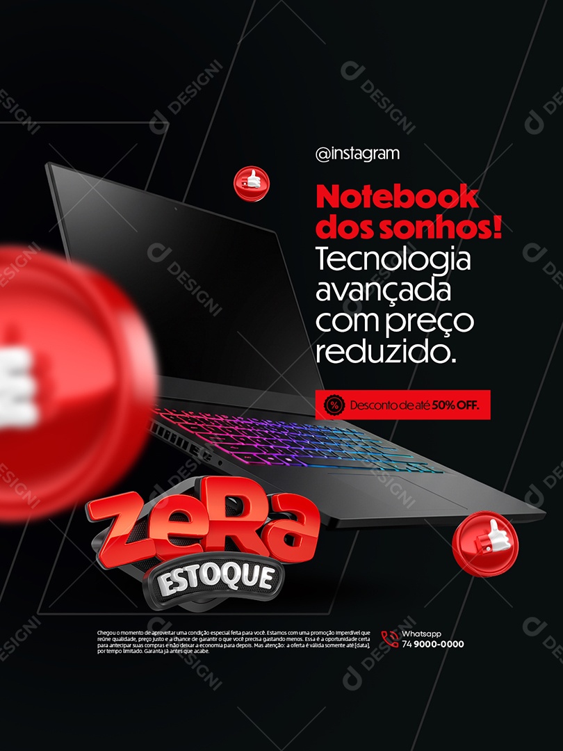 Zera Estoque Loja de Eletrônicos Notebook dos Sonhos Tecnologia Avançada Social Media PSD Editável
