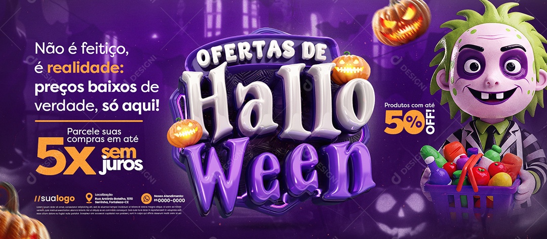Banner Ofertas de Halloween Supermercado Preços Baixos Social Media PSD Editável