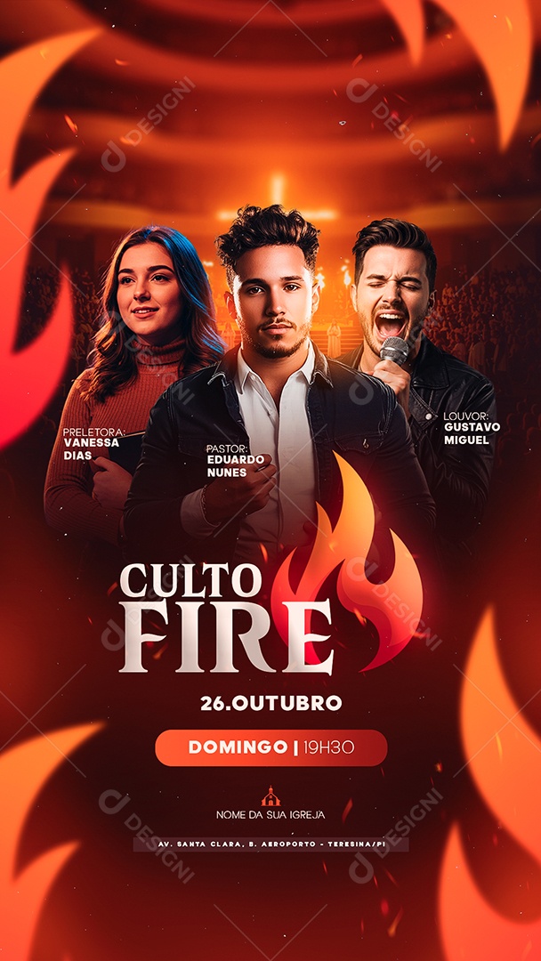 Story Flyer Gospel Culto Fire Social Media PSD Editável