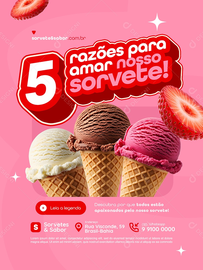 Sorveteria Cinco Razões para Amar Nosso Sorvete Social Media PSD Editável