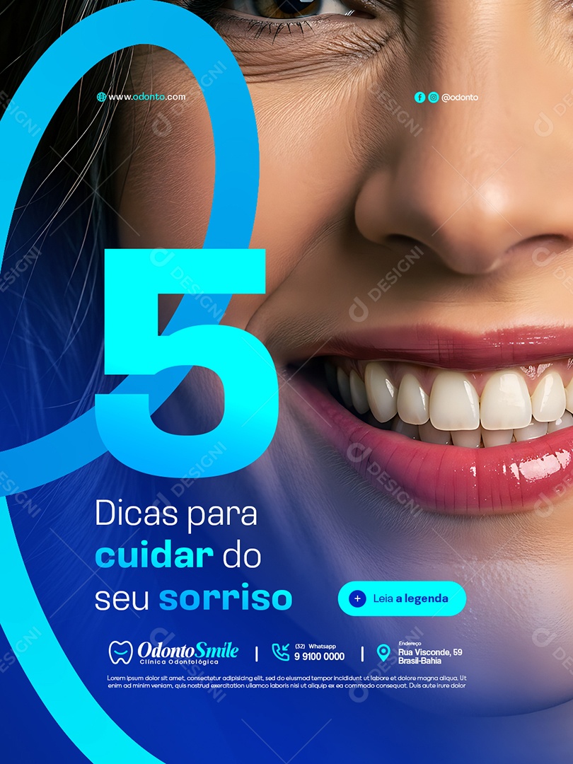 Clínica Odontológica Cinco Dicas para Cuidar do Seu Sorriso Social Media PSD Editável