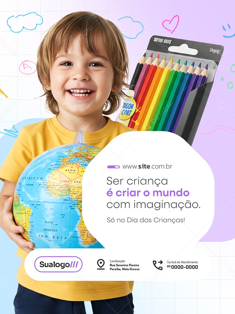 Papelaria Ser Criança é Criar o Mundo com Imaginação Social Media PSD Editável