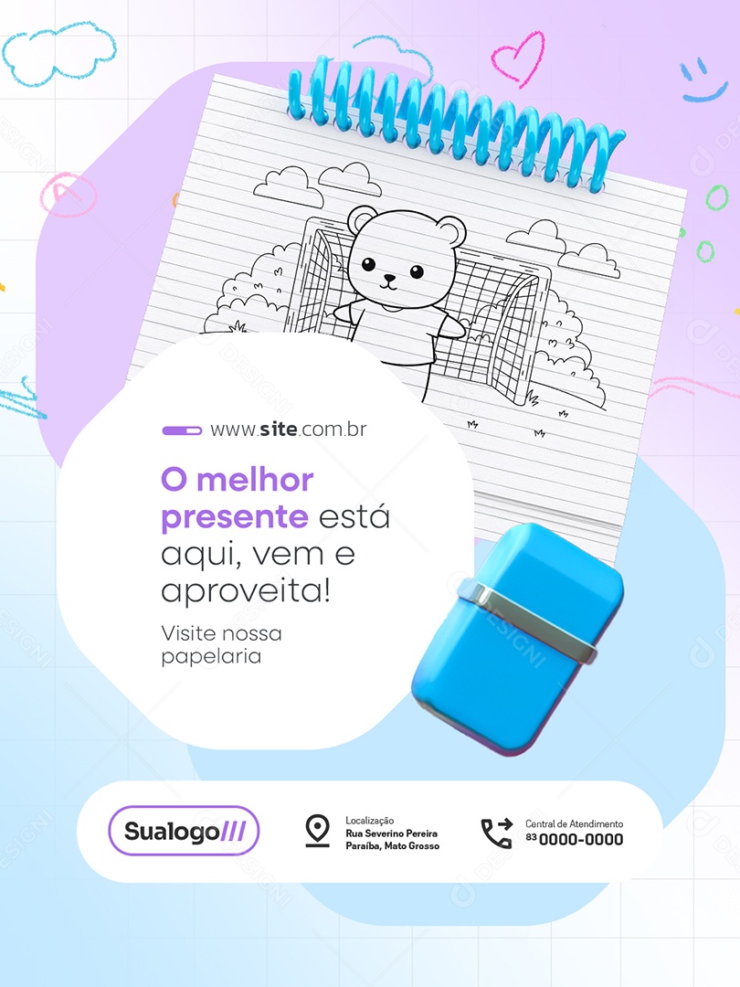 Papelaria O Melhor Presente Está Aqui Social Media PSD Editável