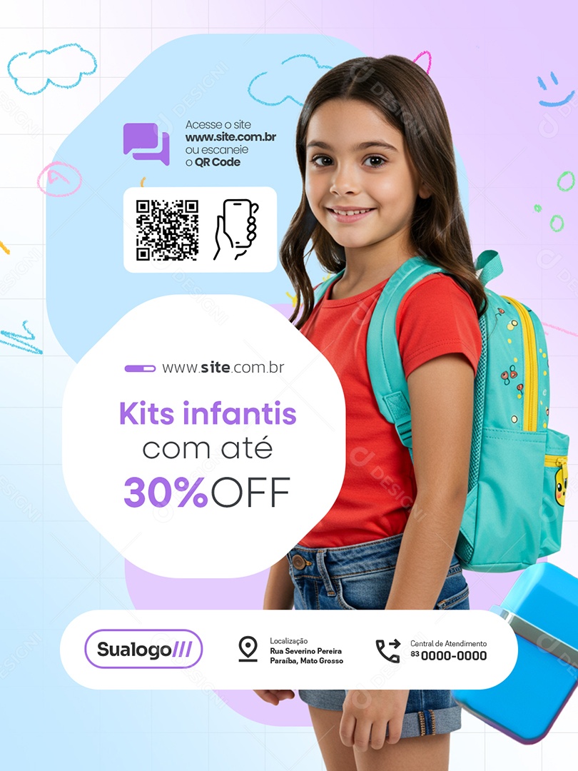 Papelaria Kits Infantis com Até 30% Off Social Media PSD Editável