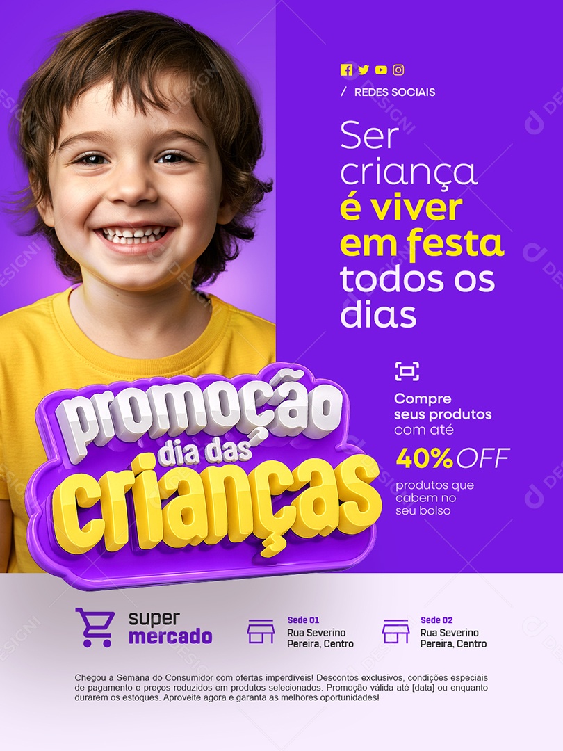 Promoção Dia das Crianças Compre seus Produtos 40% Off Social Media PSD Editável