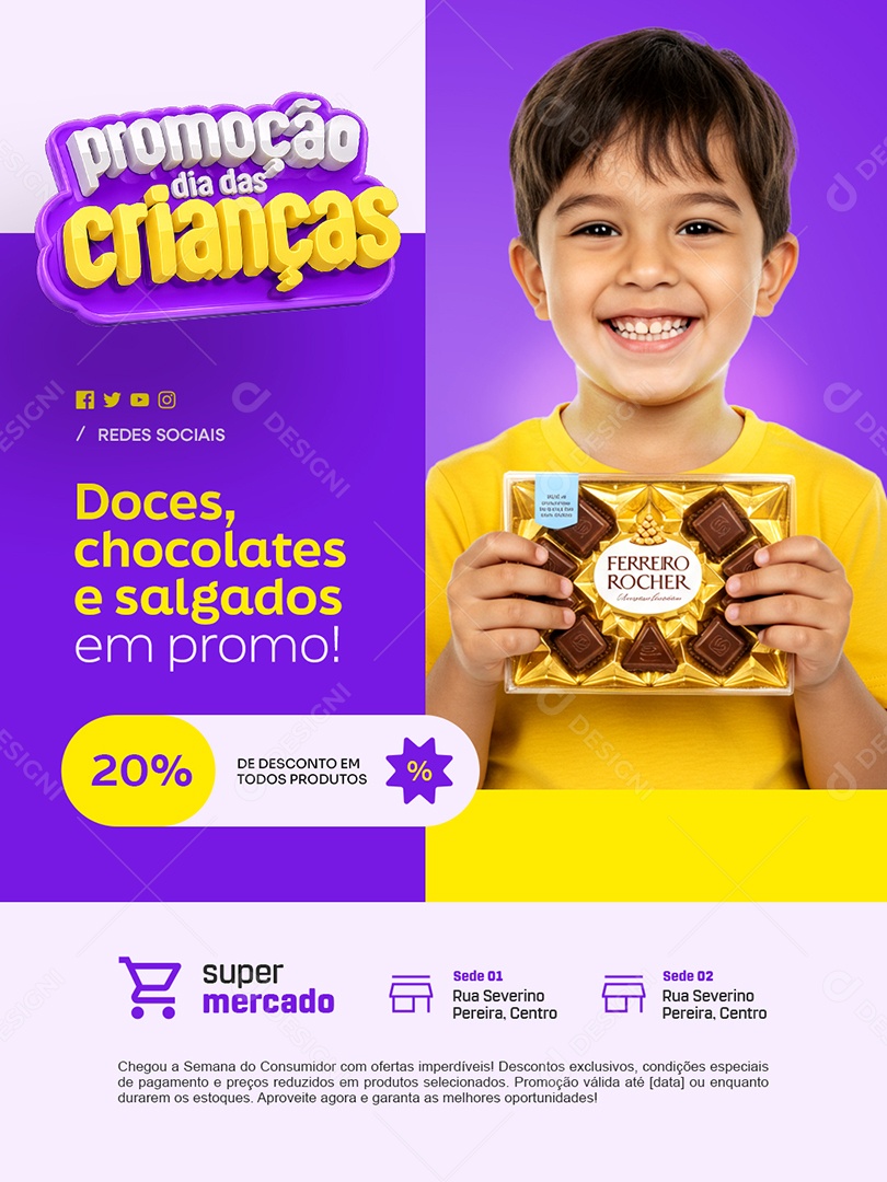 Promoção Dia das Crianças Doces Chocolates e Salgados Social Media PSD Editável