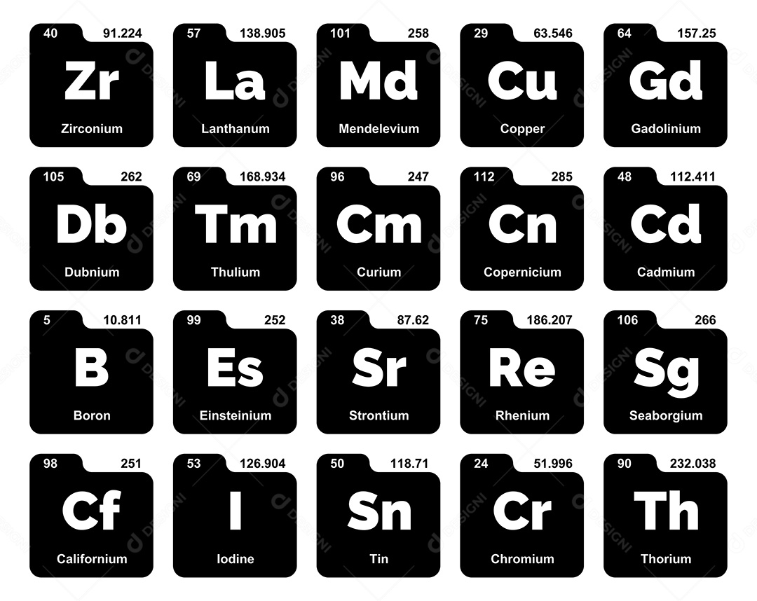 Cojunto de Elementos Preto e Branco da Tabela Periódica Ilustração Vetor EPS