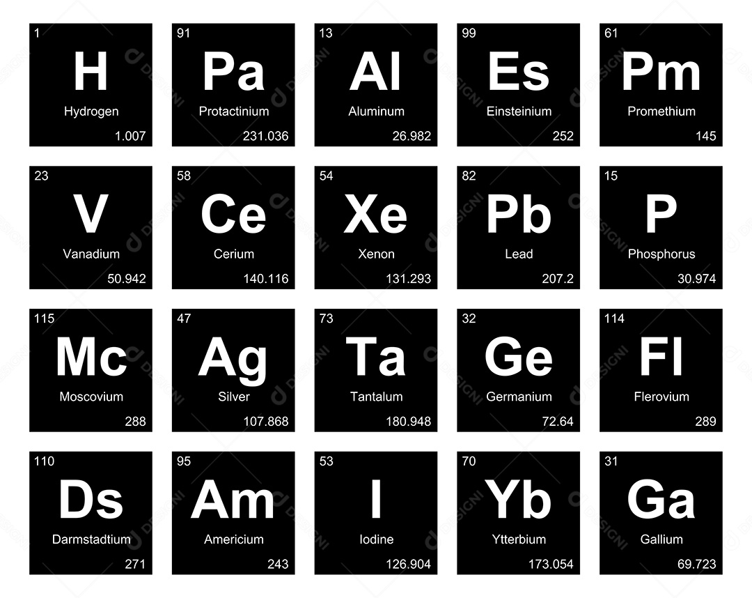 Cojunto de Elementos Preto e Branco da Tabela Periódica Ilustração Vetor EPS