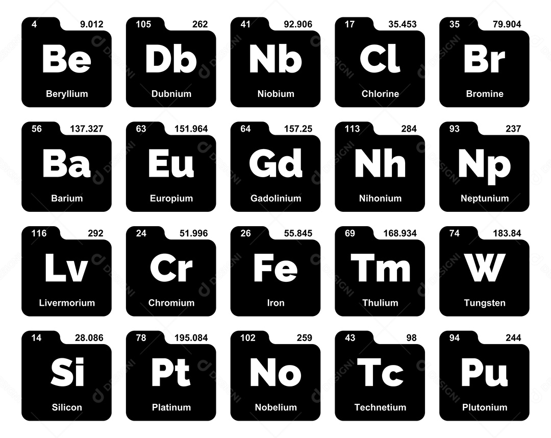 Cojunto de Elementos Preto e Branco da Tabela Periódica Ilustração Vetor EPS