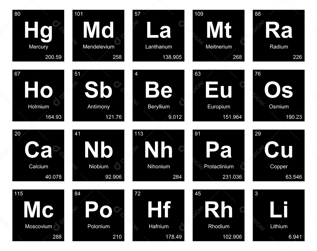 Cojunto de Elementos Preto e Branco da Tabela Periódica Ilustração Vetor EPS