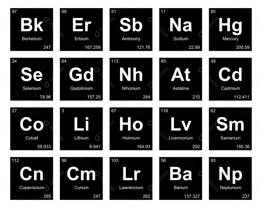 Cojunto de Elementos Preto e Branco da Tabela Periódica Ilustração Vetor EPS