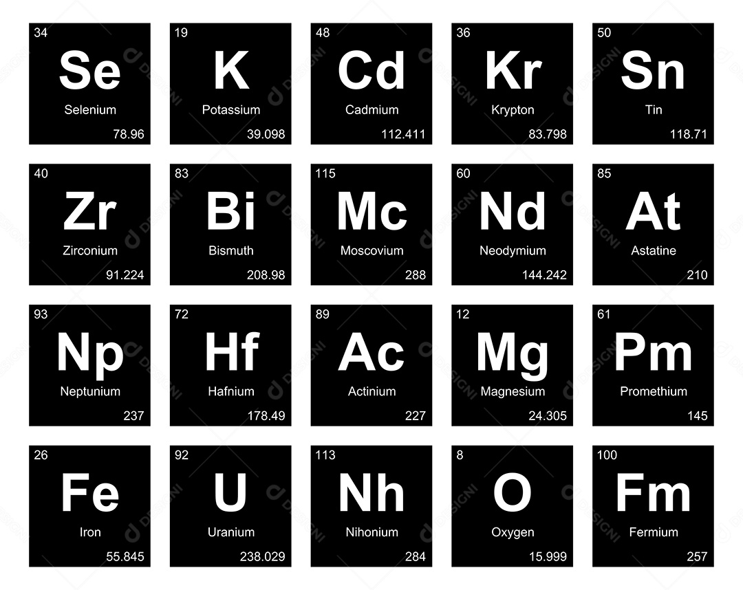 Cojunto de Elementos Preto e Branco da Tabela Periódica Ilustração Vetor EPS