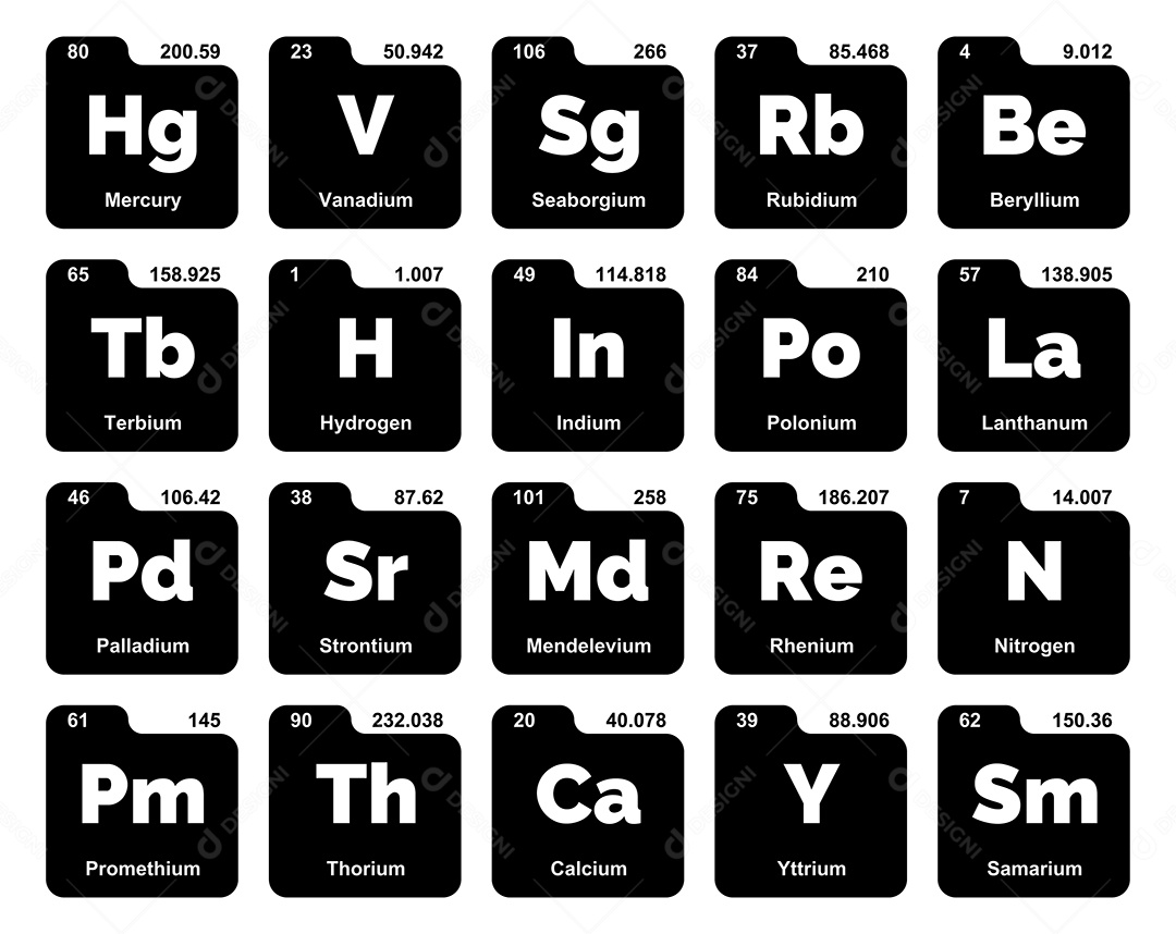 Cojunto de Elementos Preto e Branco da Tabela Periódica Ilustração Vetor EPS