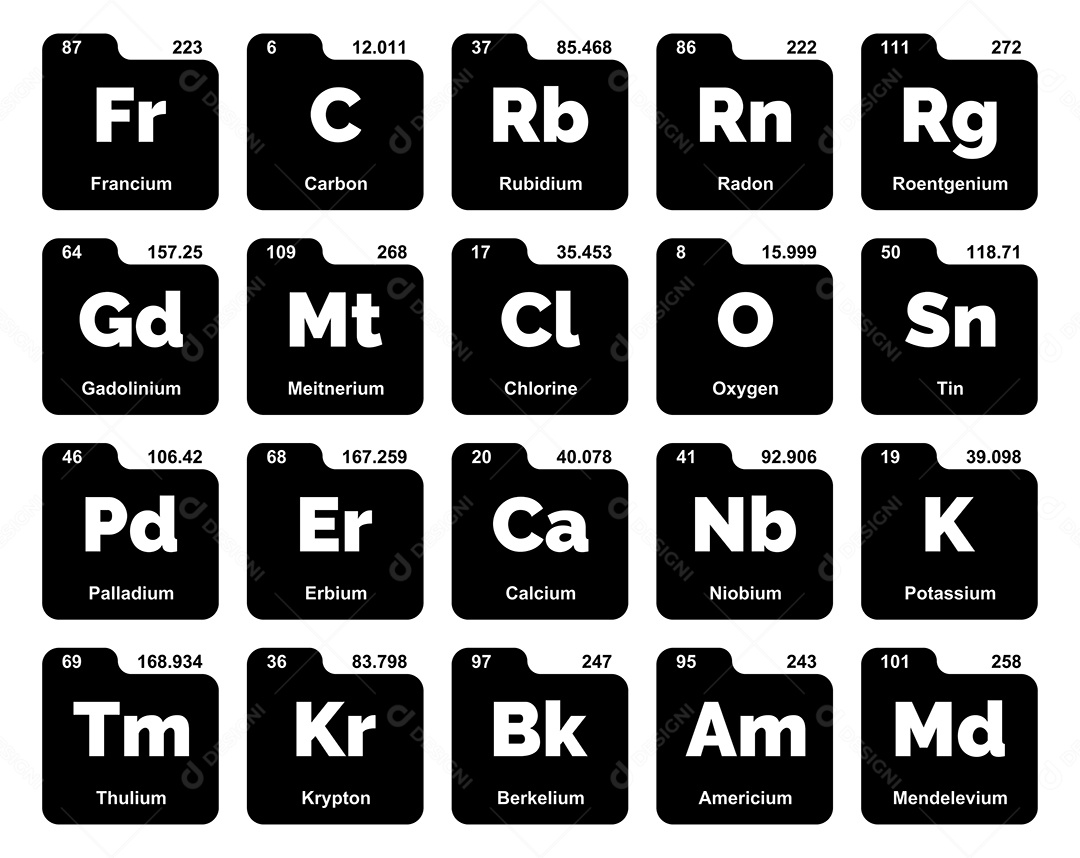 Cojunto de Elementos Preto e Branco da Tabela Periódica Ilustração Vetor EPS