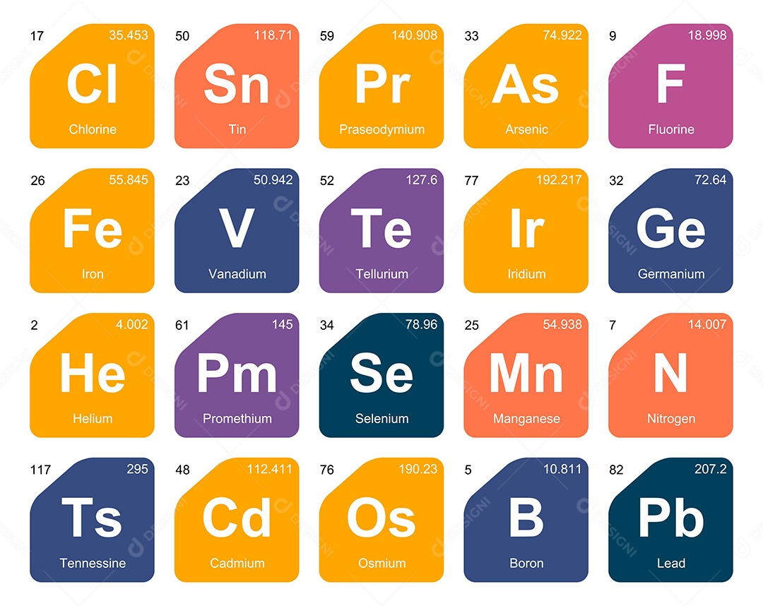 Cojunto de Elementos Coloridos da Tabela Periódica Ilustração Vetor EPS