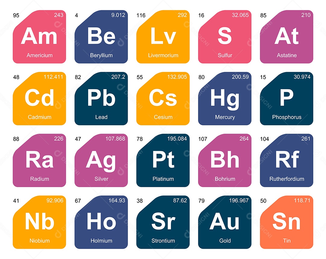 Cojunto de Elementos Coloridos da Tabela Periódica Ilustração Vetor EPS
