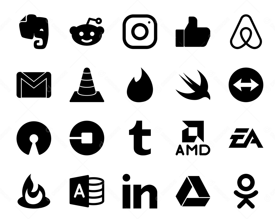 Pacote de 20 Ícones de Mídia Social Preto e Branco Ilustração Vetor EPS