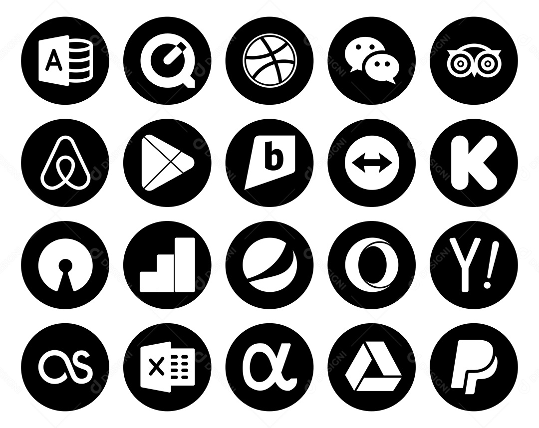 Pacote de 20 Ícones de Mídia Social Preto e Branco Ilustração Vetor EPS