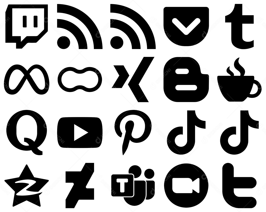 Pacote de 20 Ícones de Mídia Social Preto e Branco Ilustração Vetor EPS