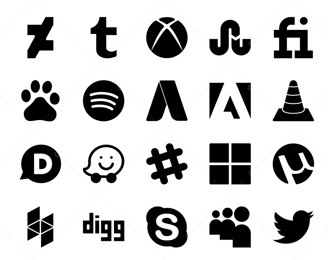 Pacote de 20 Ícones de Mídia Social Preto e Branco Ilustração Vetor EPS