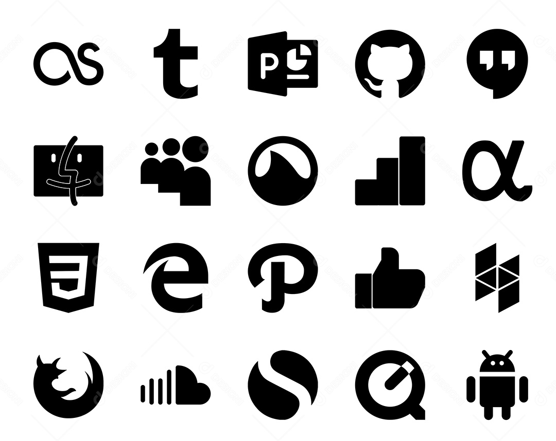 Pacote de 20 Ícones de Mídia Social Preto e Branco Ilustração Vetor EPS