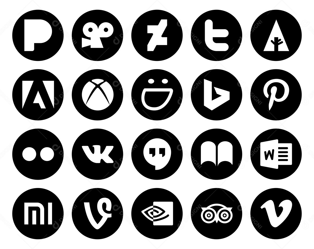 Pacote de 20 Ícones de Mídia Social Preto e Branco Ilustração Vetor EPS