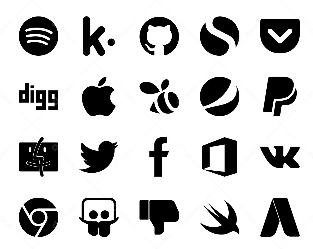 Pacote de 20 Ícones de Mídia Social Preto e Branco Ilustração Vetor EPS