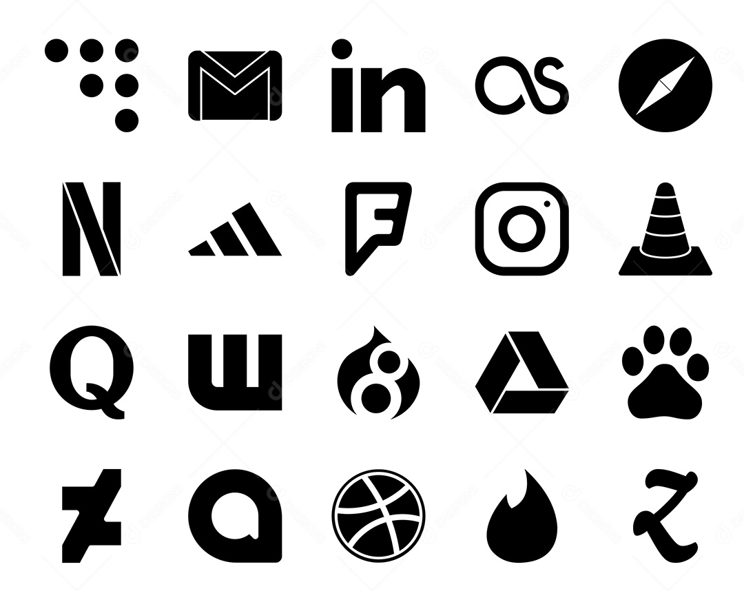 Pacote de 20 Ícones de Mídia Social Preto e Branco Ilustração Vetor EPS