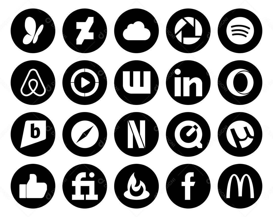 Pacote de 20 Ícones de Mídia Social Preto e Branco Ilustração Vetor EPS