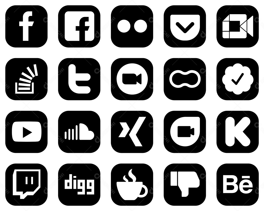 Pacote de 20 Ícones de Mídia Social Preto e Branco Ilustração Vetor EPS