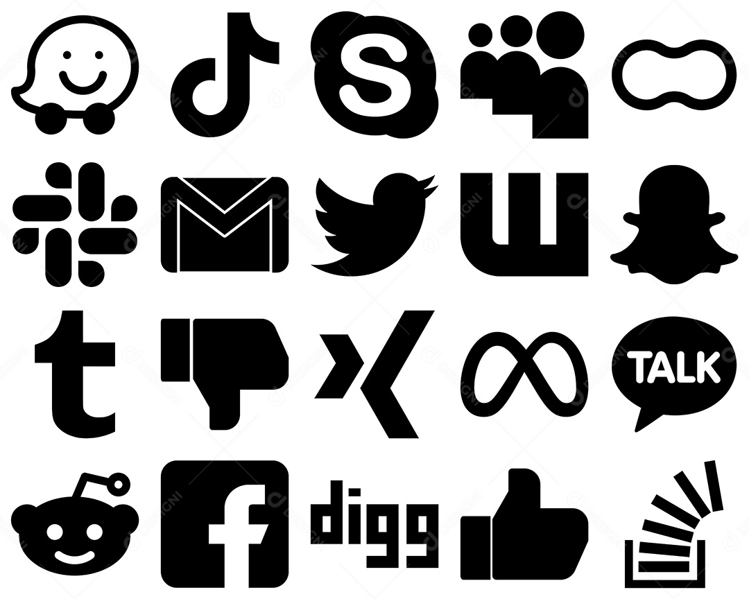 Pacote de 20 Ícones de Mídia Social Preto e Branco Ilustração Vetor EPS