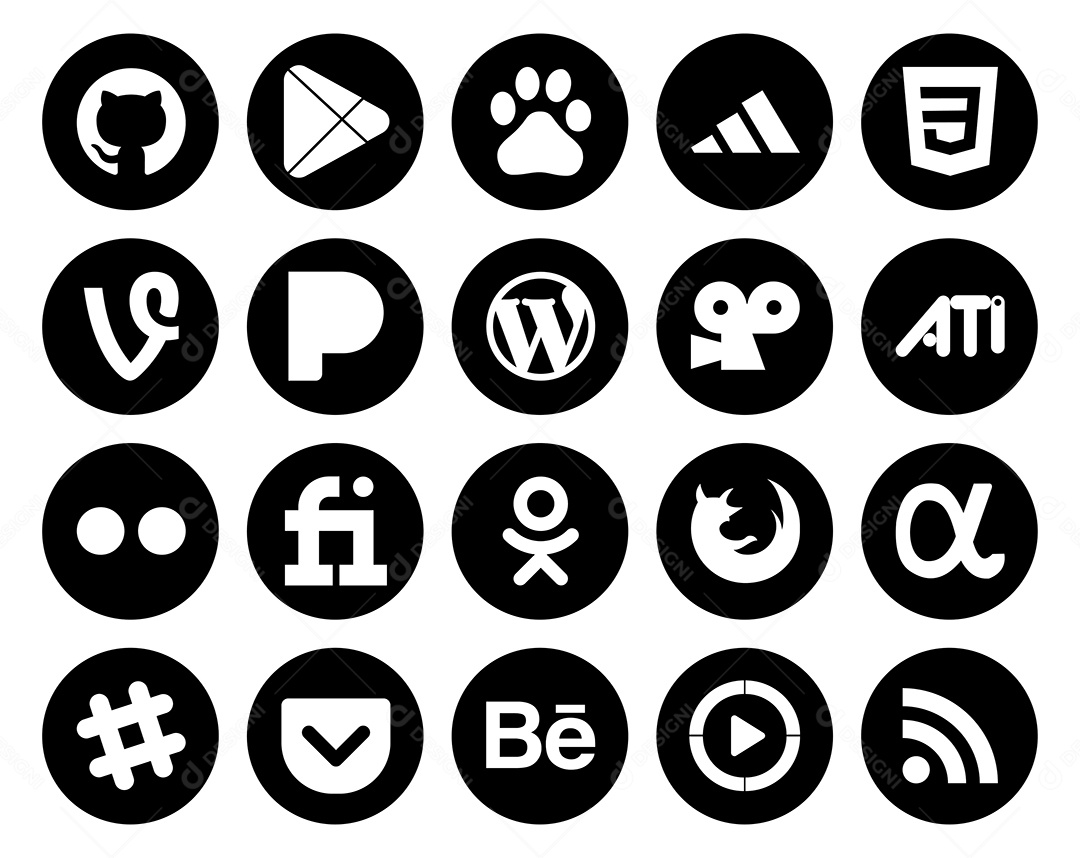 Pacote de 20 Ícones de Mídia Social Preto e Branco Ilustração Vetor EPS