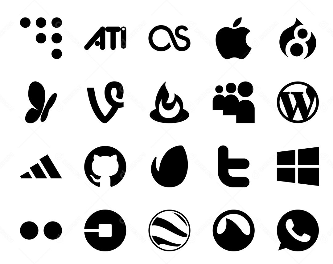 Pacote de 20 Ícones de Mídia Social Preto e Branco Ilustração Vetor EPS