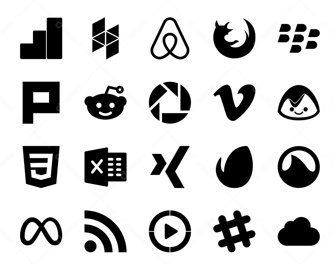 Pacote de 20 Ícones de Mídia Social Preto e Branco Ilustração Vetor EPS