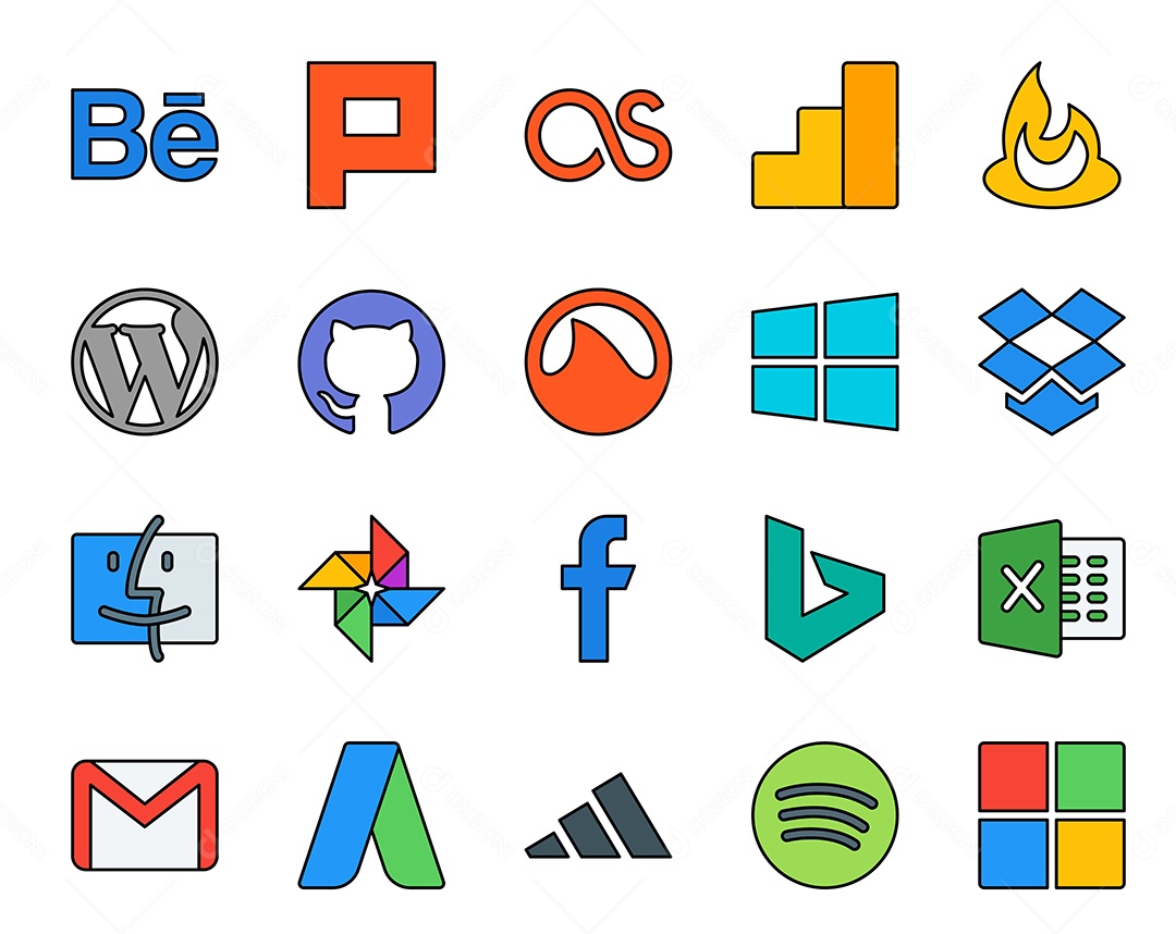 Pacote de 20 Ícones de Mídia Social Colorido Ilustração Vetor EPS