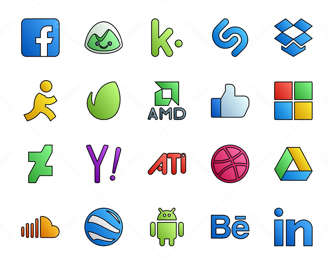 Pacote de 20 Ícones de Mídia Social Colorido Ilustração Vetor EPS