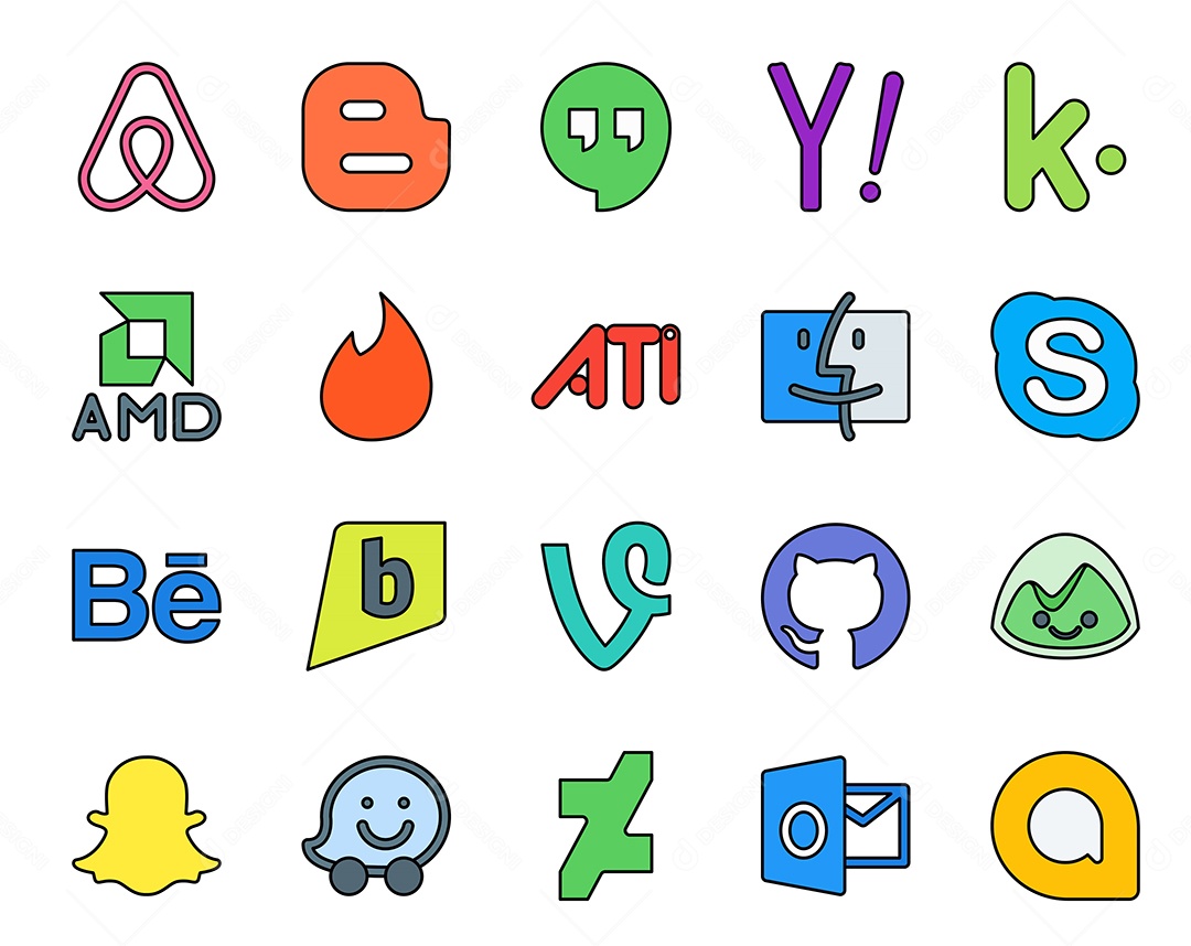 Pacote de 20 Ícones de Mídia Social Colorido Ilustração Vetor EPS