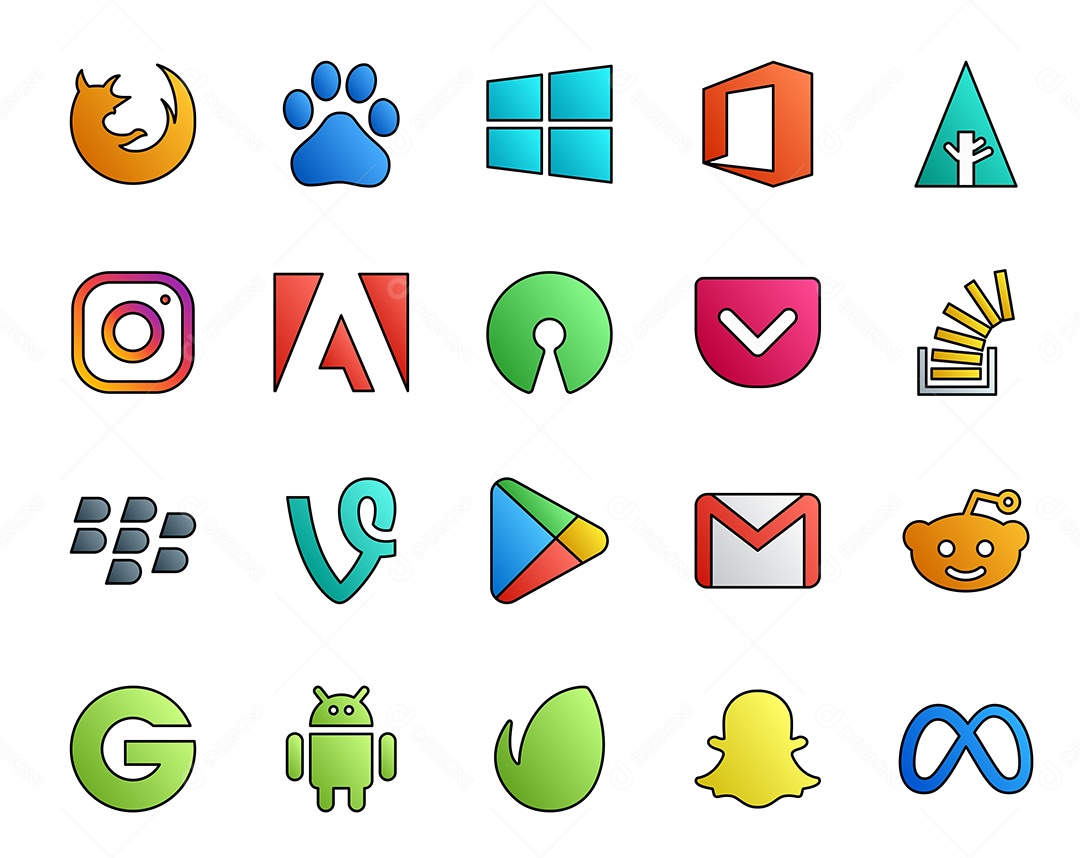 Pacote de 20 Ícones de Mídia Social Colorido Ilustração Vetor EPS