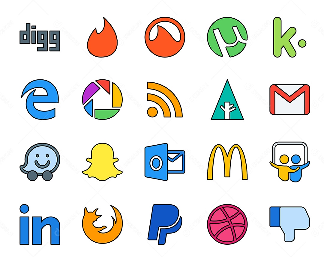 Pacote de 20 Ícones de Mídia Social Colorido Ilustração Vetor EPS