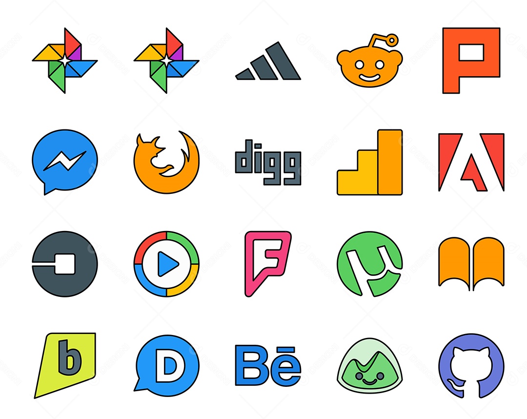 Pacote de 20 Ícones de Mídia Social Colorido Ilustração Vetor EPS