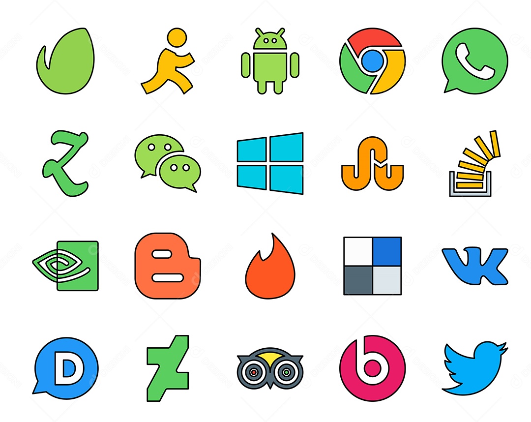 Pacote de 20 Ícones de Mídia Social Colorido Ilustração Vetor EPS