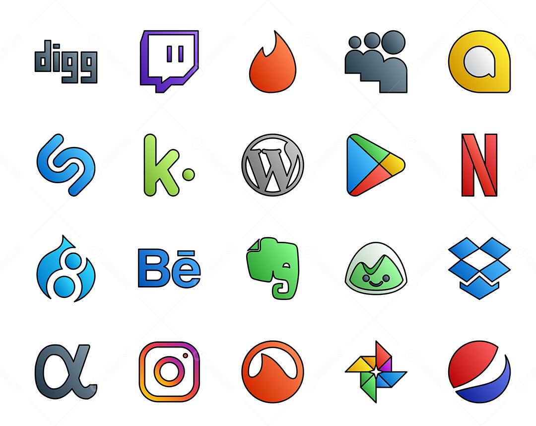 Pacote de 20 Ícones de Mídia Social Colorido Ilustração Vetor EPS