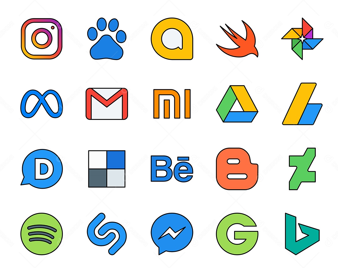 Pacote de 20 Ícones de Mídia Social Colorido Ilustração Vetor EPS