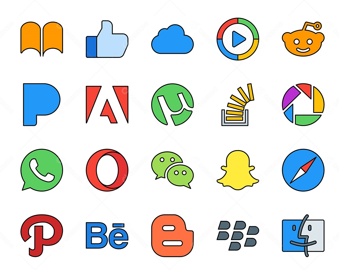 Pacote de 20 Ícones de Mídia Social Colorido Ilustração Vetor EPS