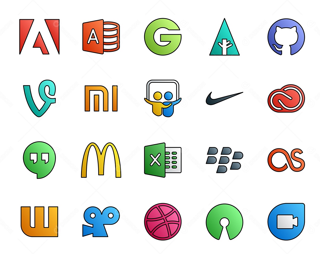 Pacote de 20 Ícones de Mídia Social Colorido Ilustração Vetor EPS