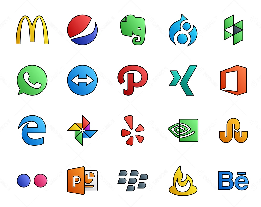 Pacote de 20 Ícones de Mídia Social Colorido Ilustração Vetor EPS