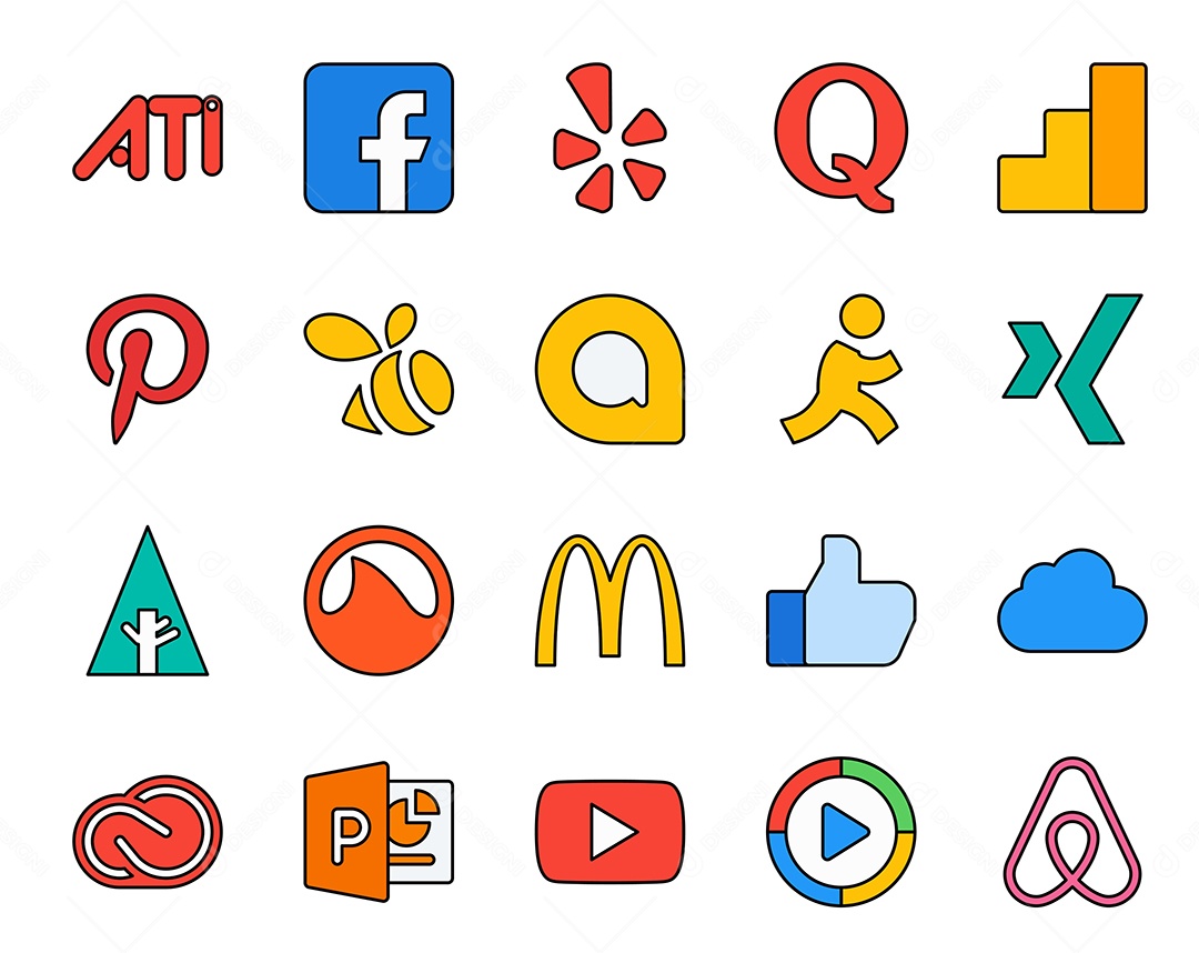 Pacote de 20 Ícones de Mídia Social Colorido Ilustração Vetor EPS
