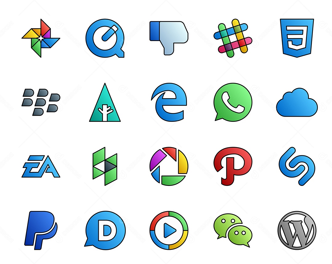 Pacote de 20 Ícones de Mídia Social Colorido Ilustração Vetor EPS