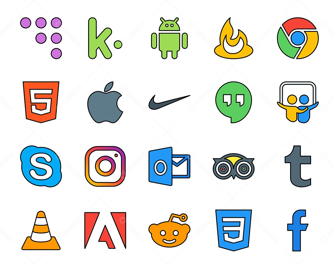 Pacote de 20 Ícones de Mídia Social Colorido Ilustração Vetor EPS