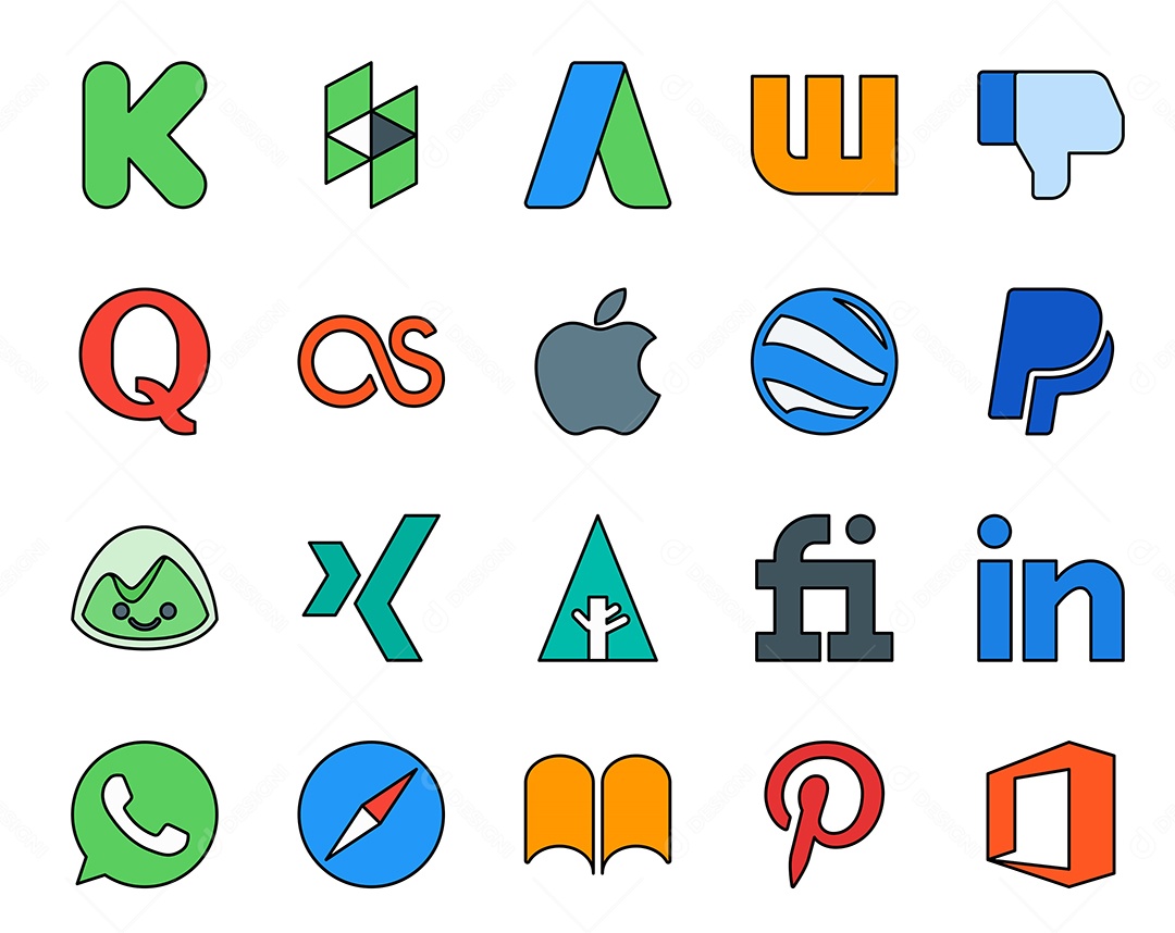 Pacote de 20 Ícones de Mídia Social Colorido Ilustração Vetor EPS